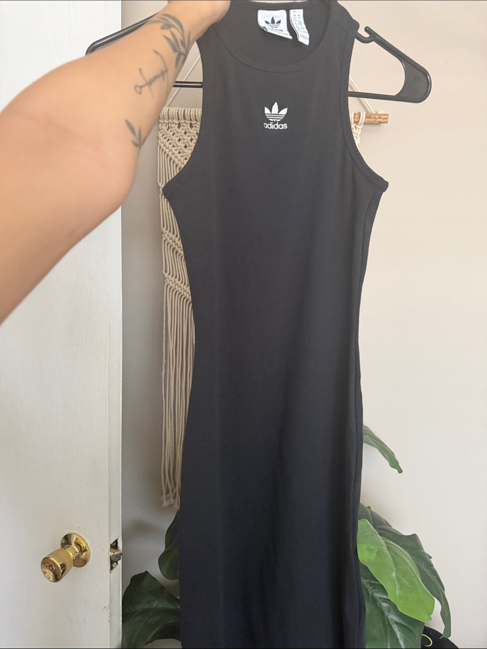 adidas Black Ribbed Tank Midi Dress with White logo